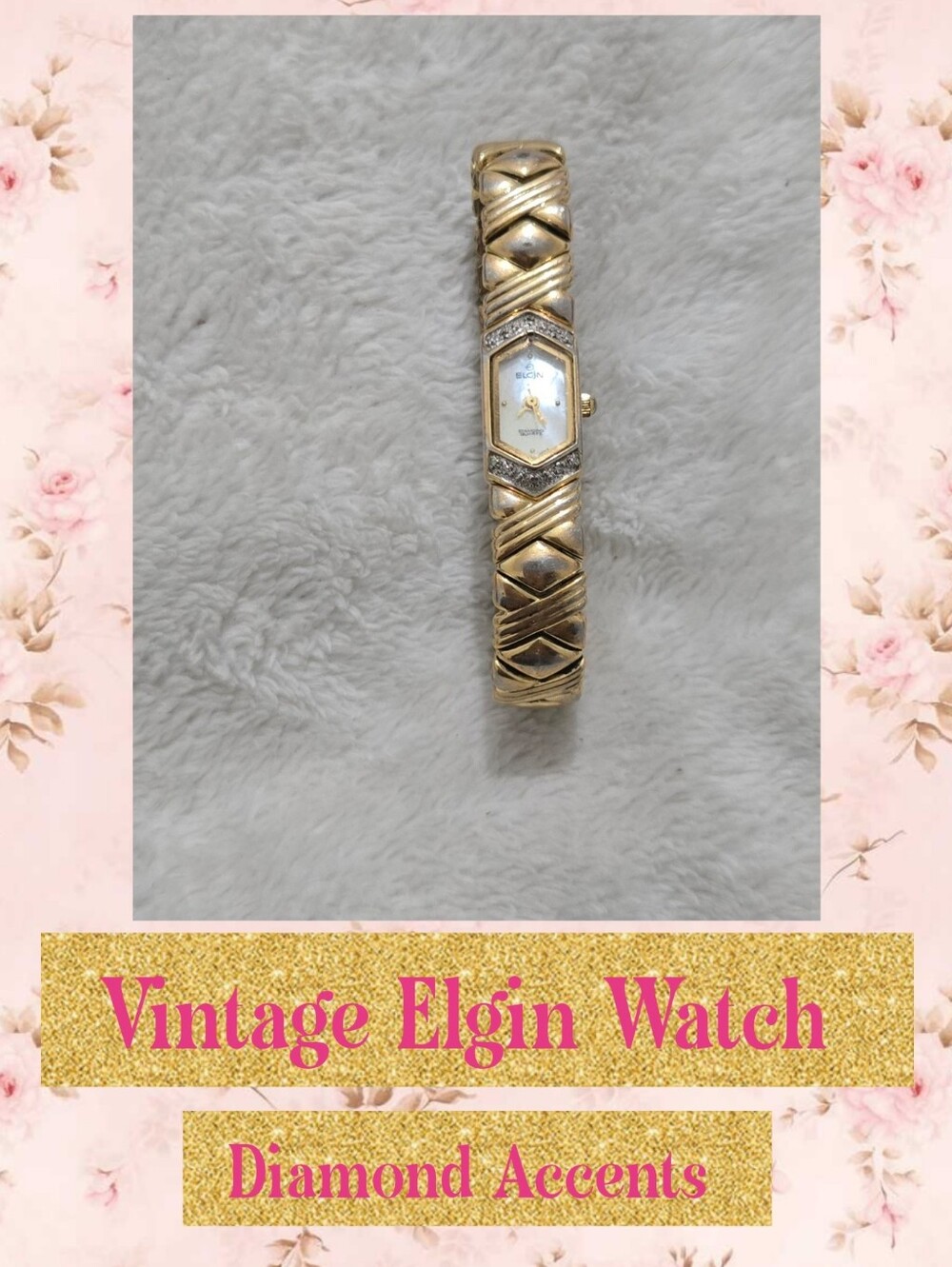 Vintage Women's Gold-Tone Watch with Diamond Accents Elgin